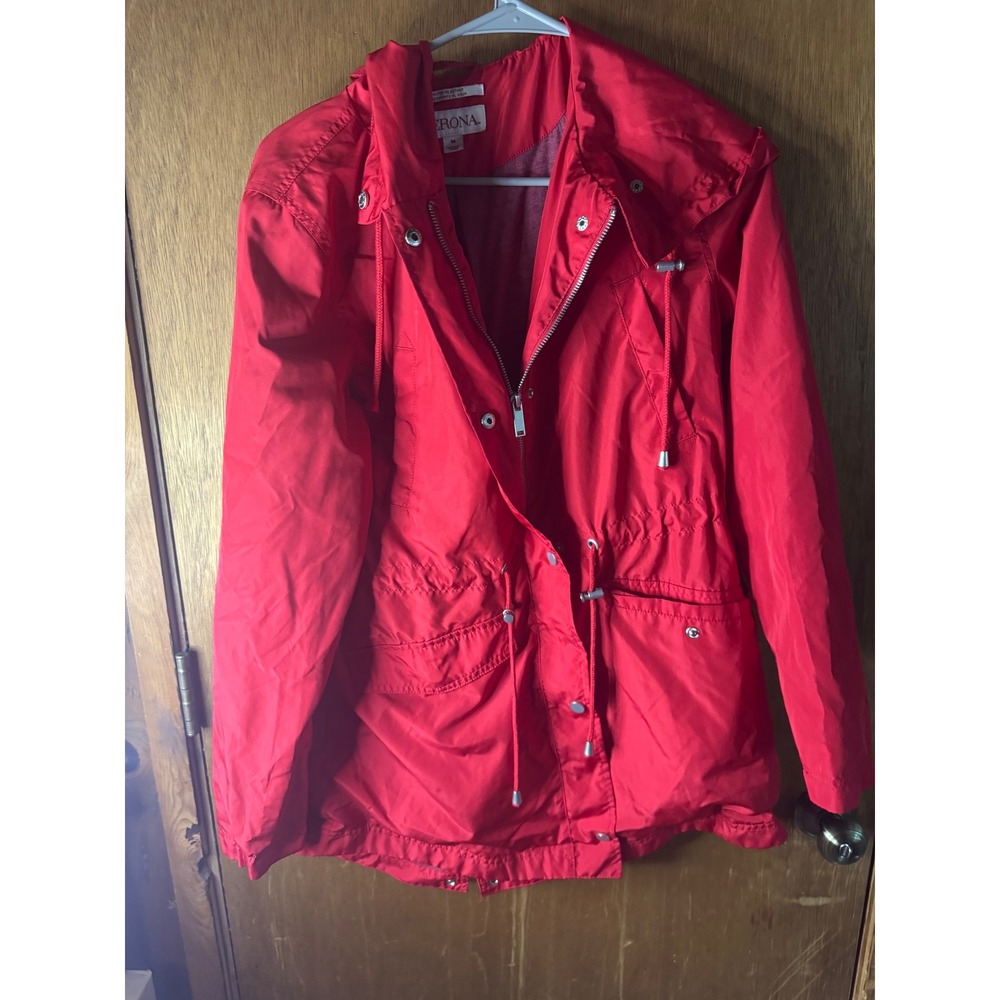 Merona Womens Red Water Resistant Hooded Anorak Jacket Size M Rain Coat Utility